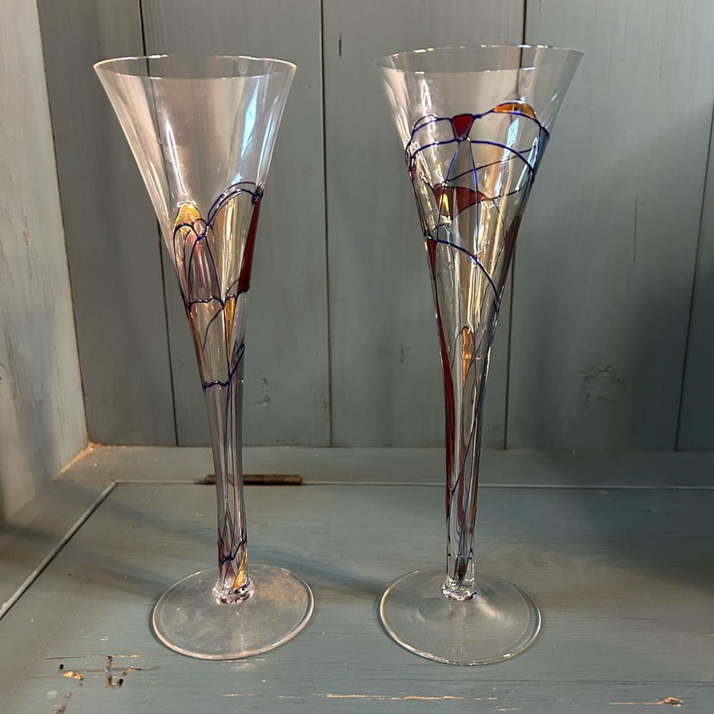 Vintage 1980’s Blown Glass Champagne Flutes with Vibrant Accents - Set of 2